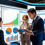 **Strategic Vision & Market Analysis:** A bustling international marketplace filled with diverse vendors and customers. In the foreground, a group of executives are intently studying charts and graphs, symbolizing market analysis. Above them, a bright, visionary light shines, representing strategic planning.