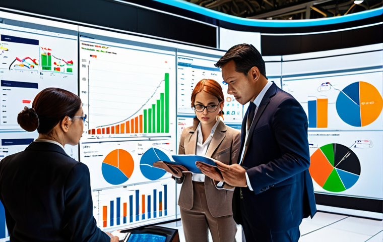 **Strategic Vision & Market Analysis:** A bustling international marketplace filled with diverse vendors and customers. In the foreground, a group of executives are intently studying charts and graphs, symbolizing market analysis. Above them, a bright, visionary light shines, representing strategic planning.